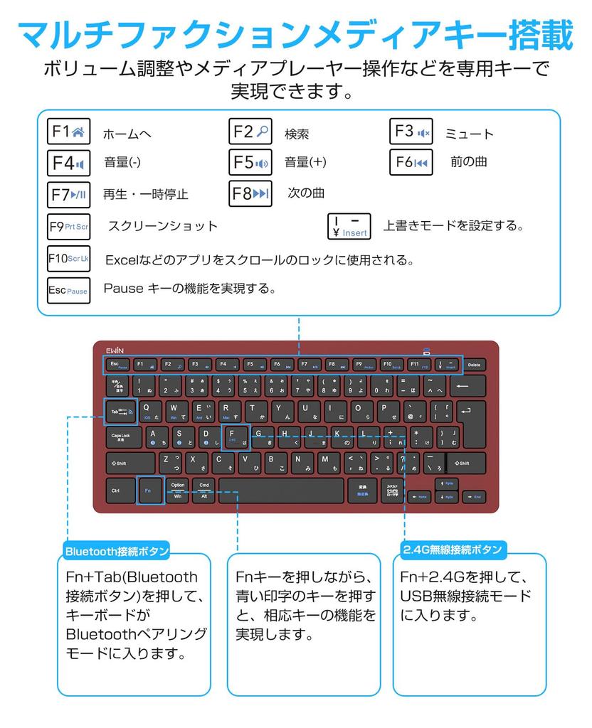 EWiN Wireless Keyboard, Bluetooth and USB Compatible, JIS Japanese Layout, Compact, Compatible with Windows, Mac, iOS, Android, iPad, iPhone, Tablet,