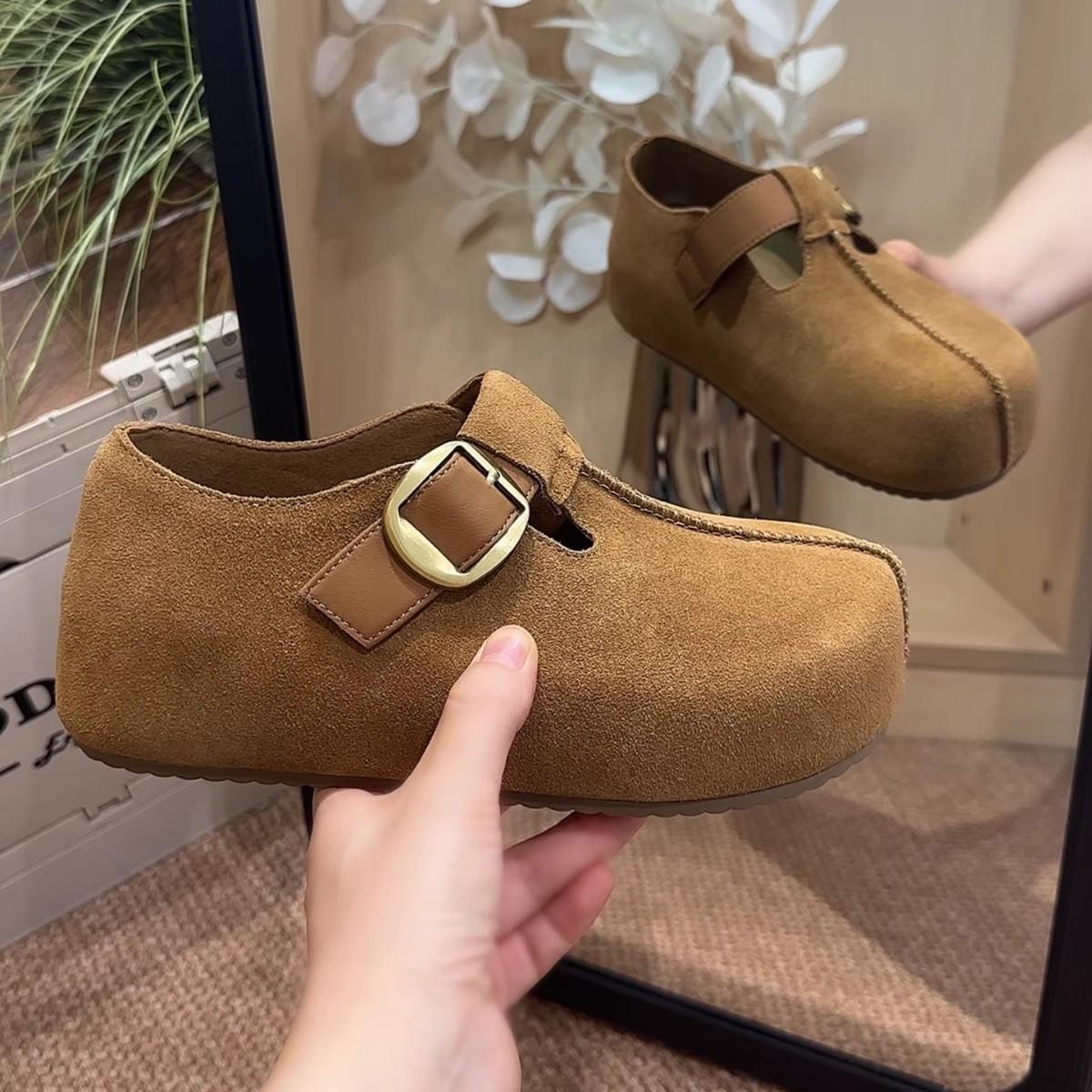 

Версия из коровьей кожи~ 5 см увеличение внутренней высоты женские биркенштоки на толстой подошве, маленькие универсальные одинарные туфли на мягкой подошве с мягким верхом, туфли Мэри Джейн 34