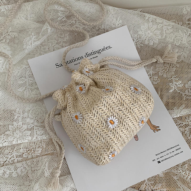 Women'S Summer Beach Shoulder Bags Straw Weave Bucket Bags Rattan Handbags Totes Casual Handbags Retro Mini Shoulder Bag