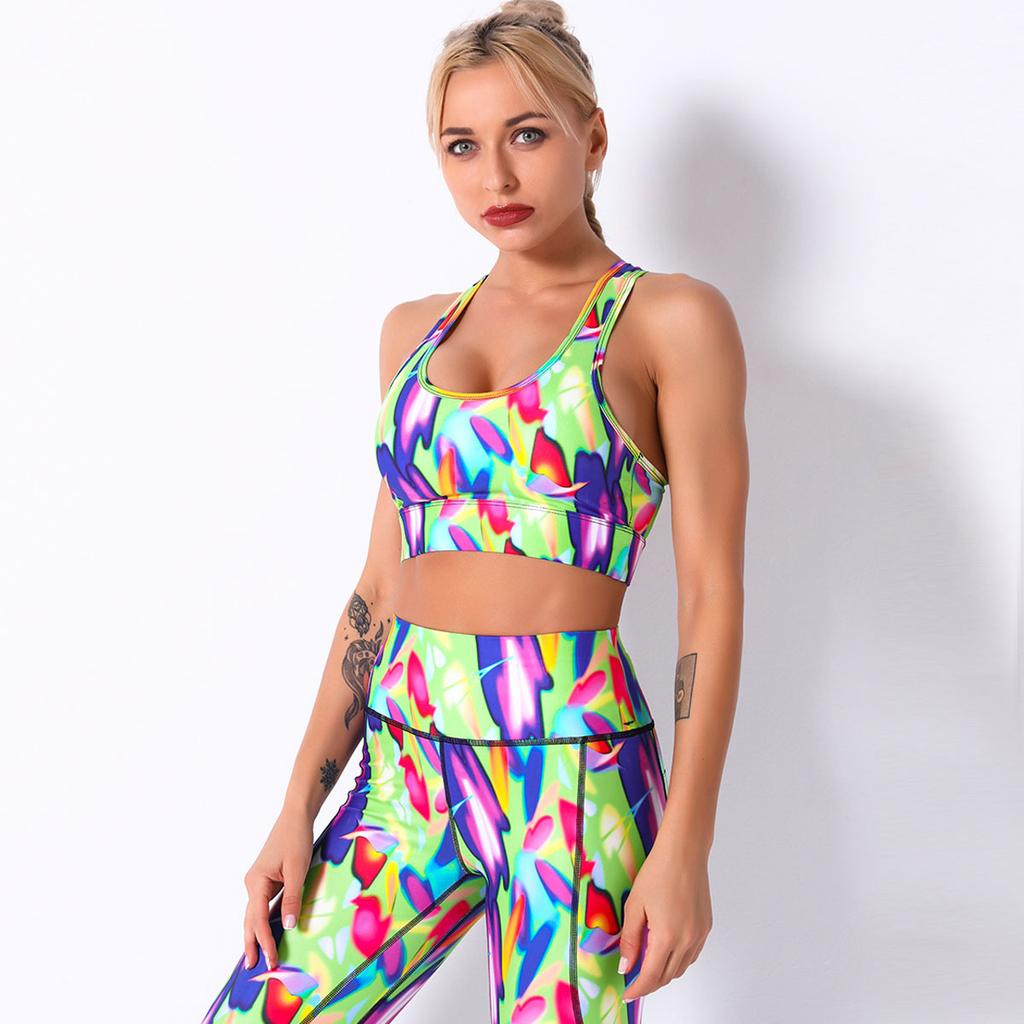 Digital Printed Color Floral Stripe Breathable Yoga Bra Women's Sports Running Fitness Wear