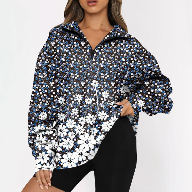 Women's Fashion Casual Oversized Drop Shoulder Floral Print Long Sleeve Zipper Sweatshirts Outdoor