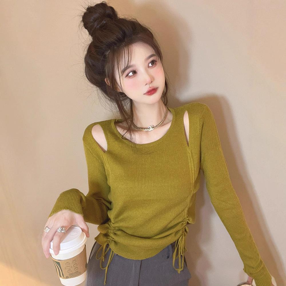 Knitted Sweater Women's Autumn Irregular Sweater Drawstring Sweater Short with Long Sleeves Unique