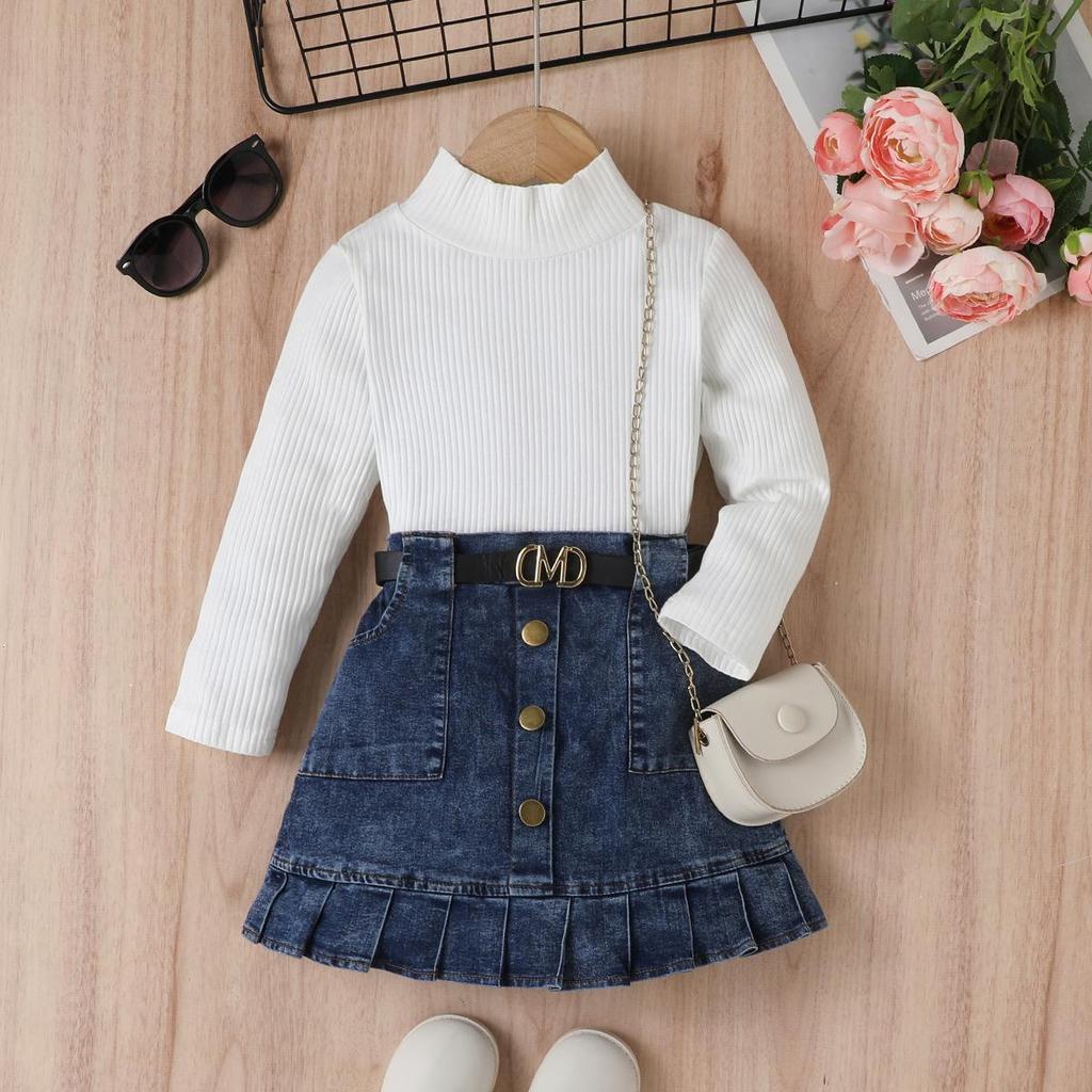 Mädchenanzug Sommer Kinder Einfarbiger Langarm-Top und Denim Plissee Kurzer Rock Anzug