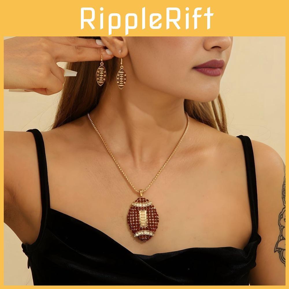 Sports Set Jewelry With Rhinestone Rugby Pendant And Earrings For Daily Wear Gifting And