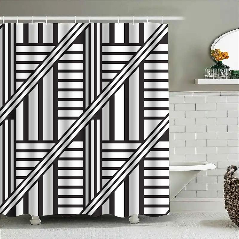 Bathroom Black White Shower Curtain With Modern Striped Print For Home Decor