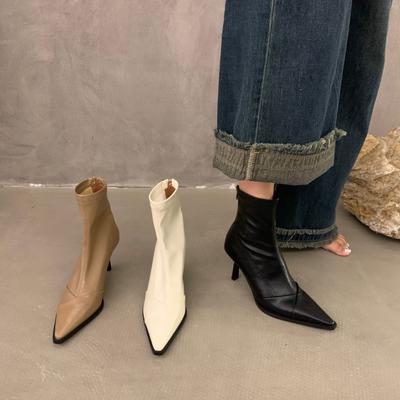 Kurzstiefel Damen High Heels Weiß Spitz Dünne Kurze Stiefel Damenschuhe Neue Frühling und Herbst Einzelstiefel Koreanische Kleine Nackte Stiefel