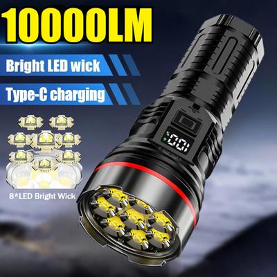 10000LM 8*LED Potente Torcia Batteria Integrata Ricaricabile USB Portatile LED Torcia ABS Impermeabile Torcia da Campeggio Lanterna da Esterno