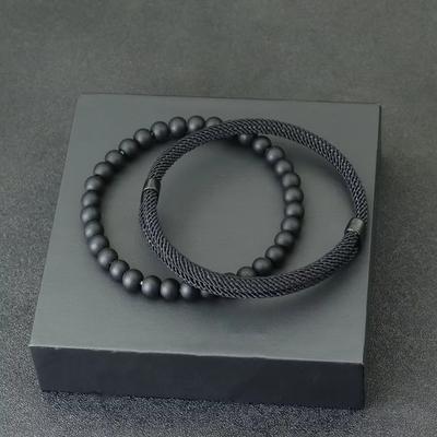 2 Peças Pulseira de Corda com Contas Pretas Minimalista Elegante Pulseiras Empilháveis Misturadas Joias Casuais Masculinas