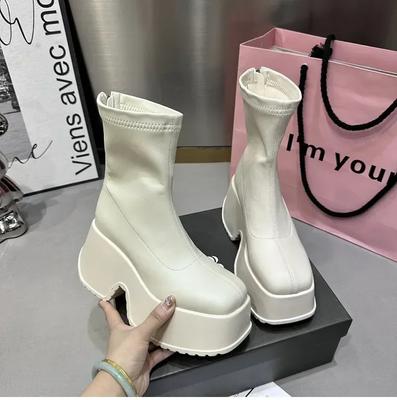 Moda 2024 Inverno Stivali Punk Scarpe da Donna Moda Cerniere Posteriori Tacco Alto Suola Spessa Scarpe Signore Eleganti Stivaletti Stivali con Plateau