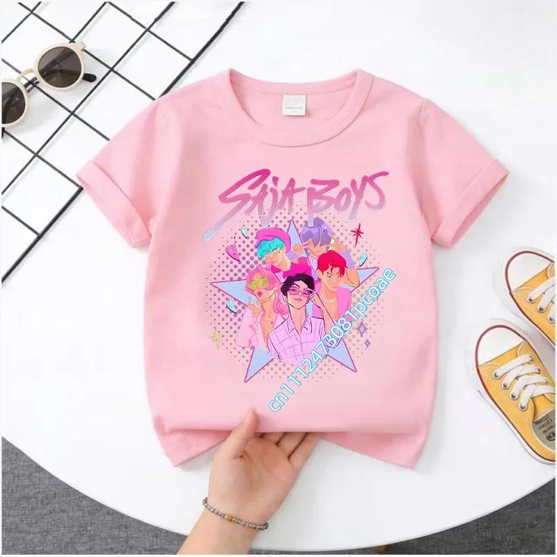 Summer Movie Soft Polyester KPop Demon Hunters Girl's T-Shirt Anime SAJA BOYS Short-sleeved Shirt Fashion Tee Parent-child Outfit
