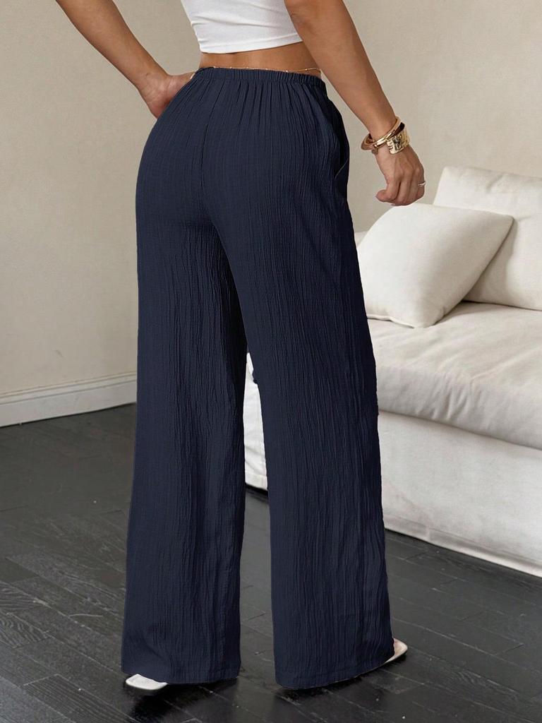 2026 Women's Casual Wide-Leg Pants with Knot Waist and Textured Fabric