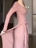 French Pink Knit Tie-Up Dress – Women's High-End Waist-Cinched Long Dress for Autumn/Winter 2025