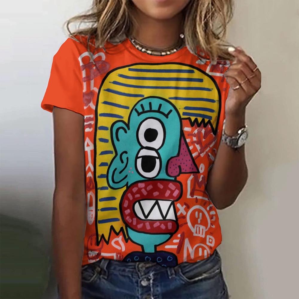 Letní dámské tričko Abstraktní kreslený potisk Tričko Harajuku Vintage Krátký rukáv Kulatý výstřih Top Nadměrné Dámský design Oblečení