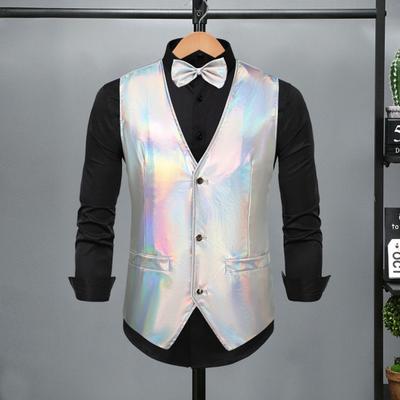 Conjunto de pajarita y chaleco para hombre, superficie brillante, cuello en V, un solo pecho, sin mangas, hebilla trasera ajustable