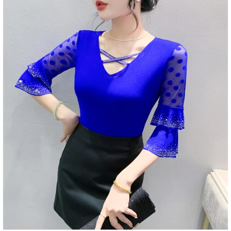 Summer European Clothes New Sexy V-neck Mesh T-shirt Hot Diamonds Women's Tops Fashion Flare Sleeve Tees