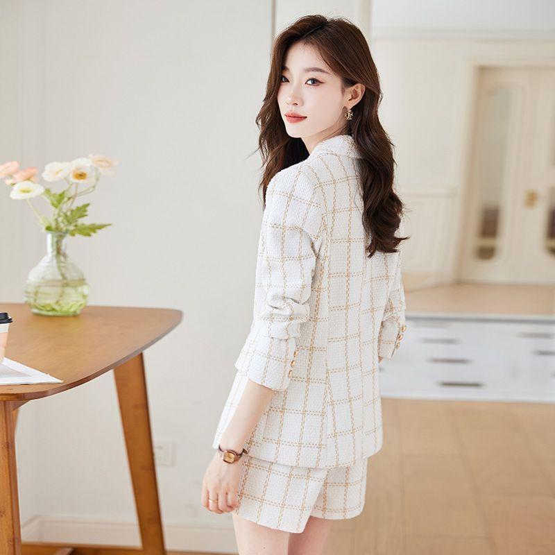 Elegant Lady White Suit Jacket and Skirt Two-piece Set for Spring, Double-breasted Casual Wear Clothes