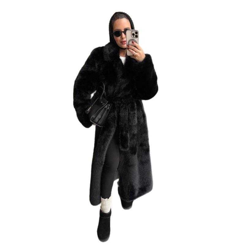Damen S Faux Fur Langer Mantel Mit Gürtel Dicke Warme Oberbekleidung