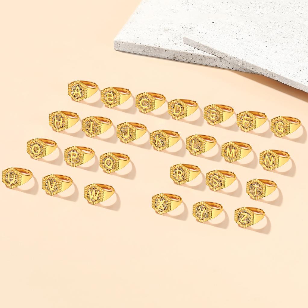 Hexagon Surface 3D Embossed A-Z Initial Letter Rings for Man Woman Adjustable Size A-Z 14k Gold Color Family Signet Jewelry