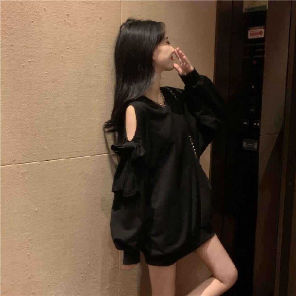 Sweet Bow Off Shoulder Sweatshirts Women Long Sleeve Casual Loose Korean Tops  V Neck Hollow Out Design Sweatshirts