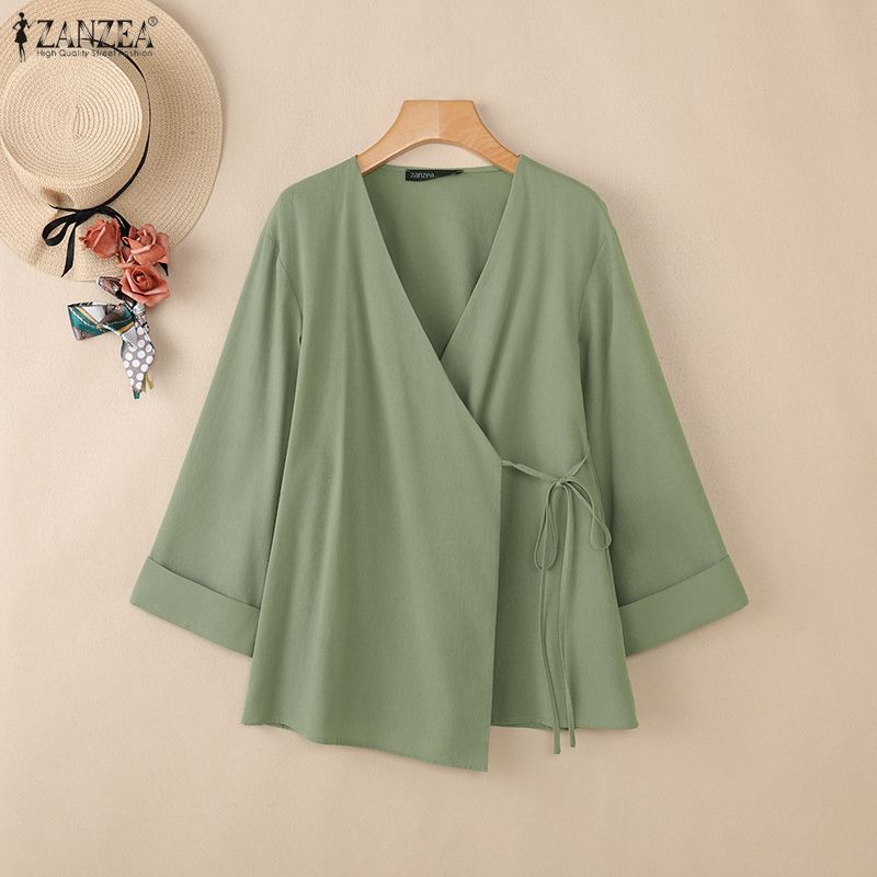 ZANZEA Damska codzienna bluzka z dekoltem w serek, długim rękawem i luźnym krojem