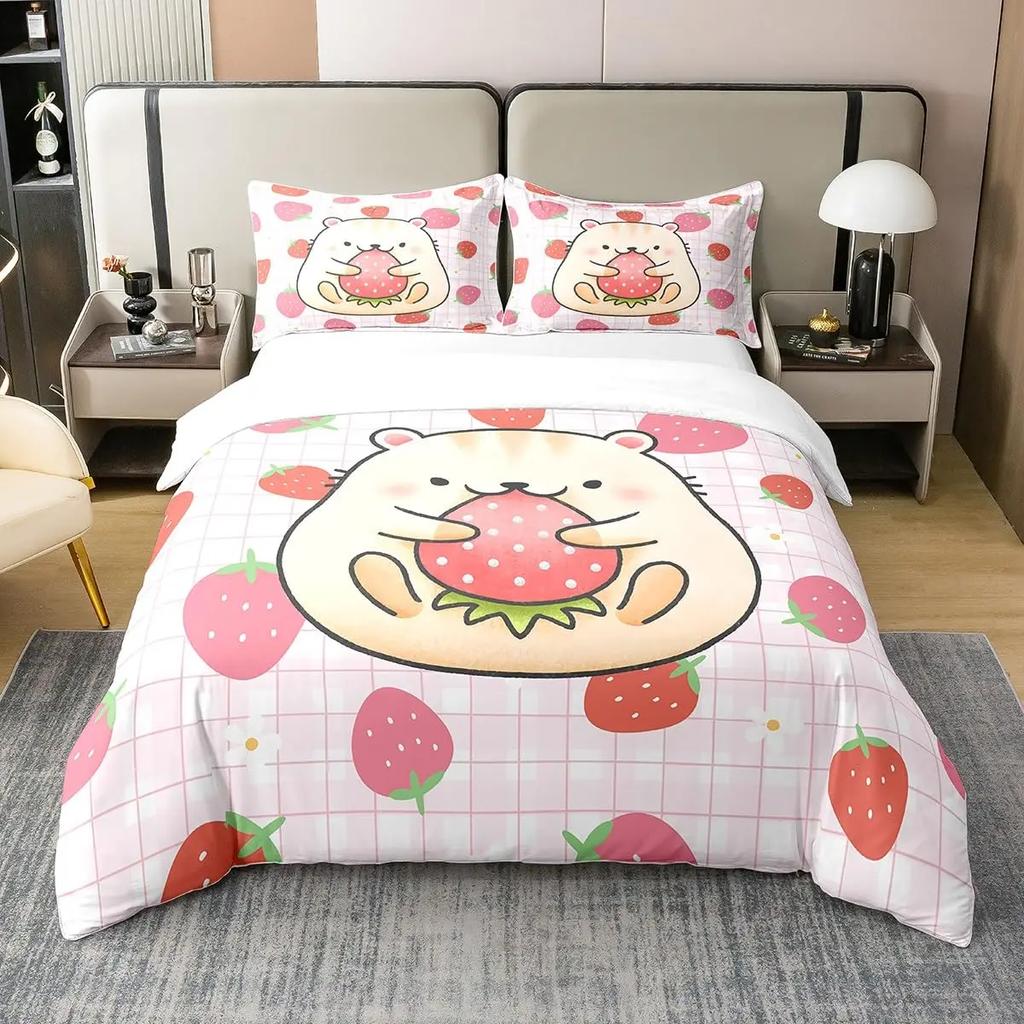 Sweet Strawberry Bedding Set Duvet Cover for Kids Children Teens Comforter Cover Bed Room Decor Pink Quilt Cover 3Pcs Full Size