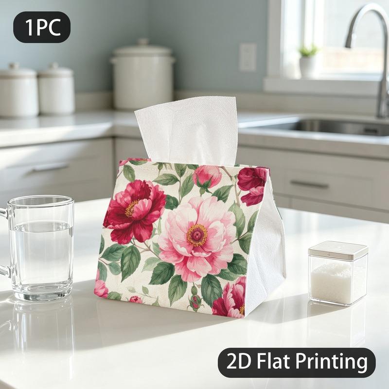 1pc Tissue Box, Watercolor Roses Romantic Grace Pattern, 2D Flat Printing, Polyester Material, Take Anywhere, Napkin Dispenser, for Auto Use, 2D Flat