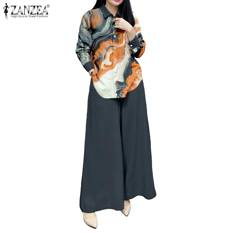 ZANZEA Women Print Shirts and Pants Casual Two Piece Suit Sets