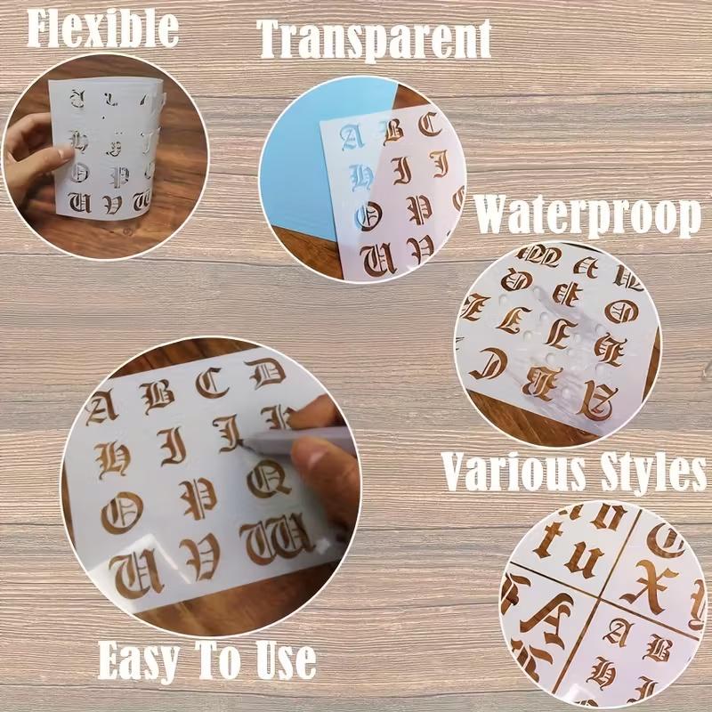 Gothic Calligraphy Stencil, 6-Pack Reusable Old English Letter Number Template for DIY Painting, Craft, Scrapbooking