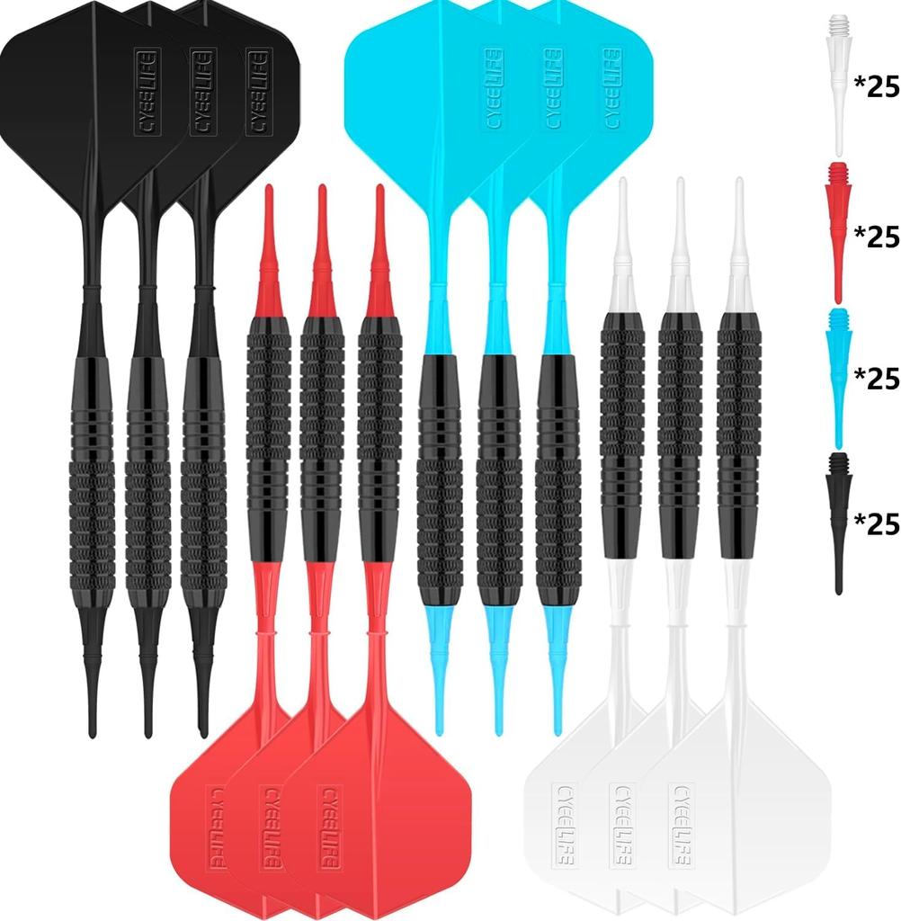 CyeeLife 12-pack 18g Soft Tip Darts Set + 100 Extra Tips, Beginner-Friendly Home Darts