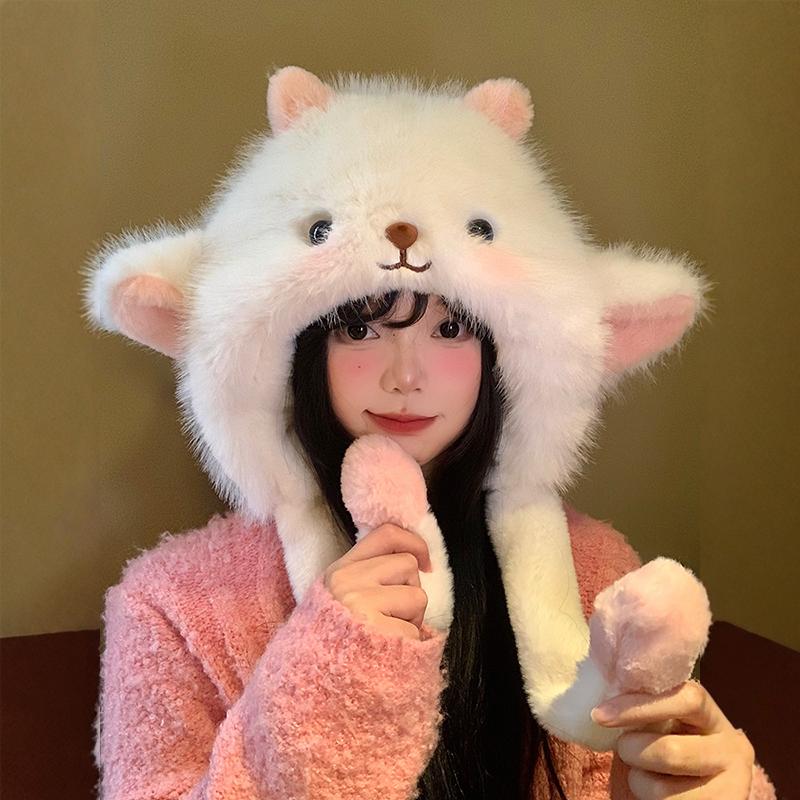 1Pieces Women's Winter Cute Thick Warm Ear Protection Hat With Moving Ears Cartoon Plush Hat Mountaineering Scarf