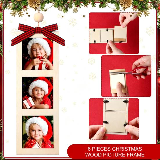 Festive Tree Ornament for Photos Christmas Wooden Photo Frame Ornament, DIY Hanging Picture Holder with Reusable Holiday Ribbon Bow, Decor, Party