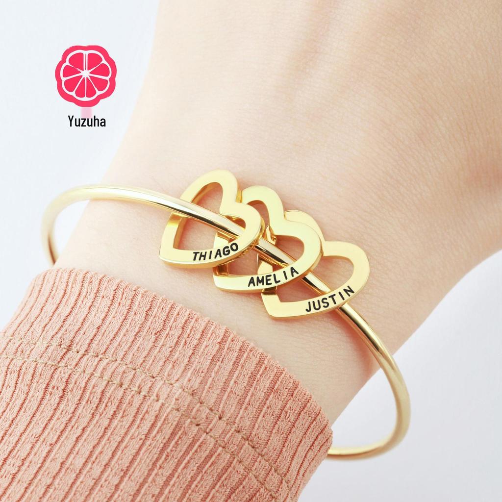 Personalized Stainless Steel Heart Bangle Bracelet - Custom Family Name Peach Heart Design, Perfect for Christmas Gift