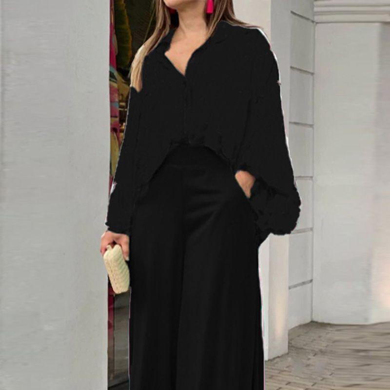 Casual Two Piece Sets Women Loose Casual Print Shirts Top Wide Leg Pants Two-piece Set