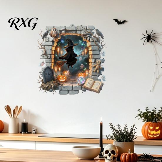 Bat Wall Stickers for Halloween Stickers, 3D Broken Effect with Ghost Skeleton Pumpkin Decals, Self-Adhesive Waterproof Decor Mural Living Room