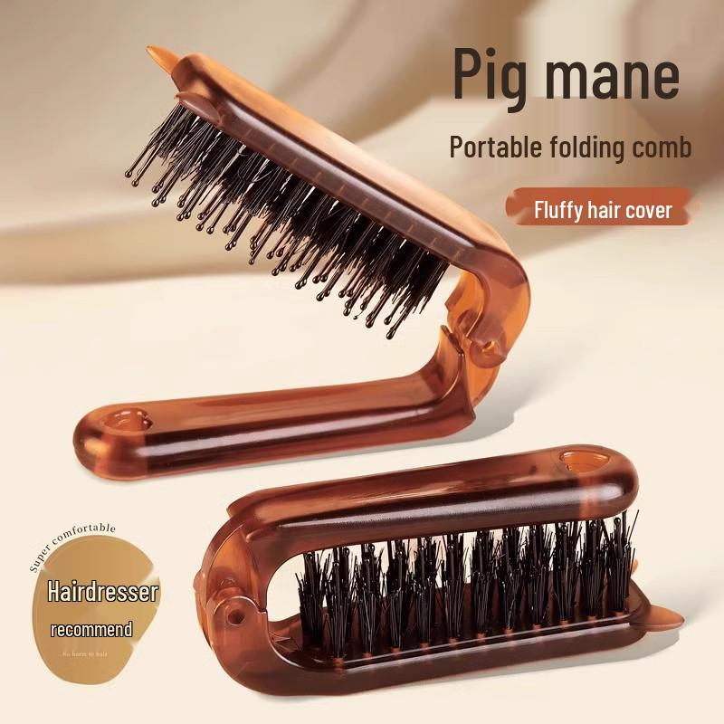 Portable Folding Boar Bristle Hair Comb for Ladies' Curly Hair Styling