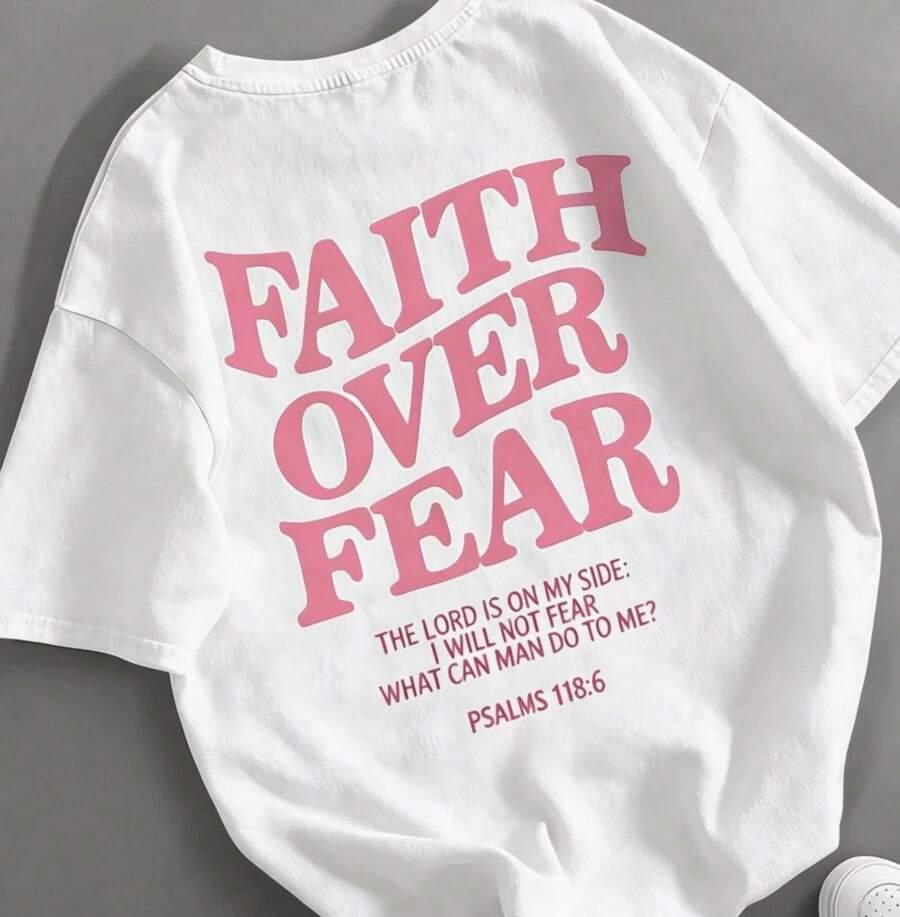 2026 Summer 1PCS Women Round Neck Short Sleeve T-Shirt Faith Over Fear Black Pink Letter Print Inspirational Psalm 118 Bible Verse Casual Faith Tops