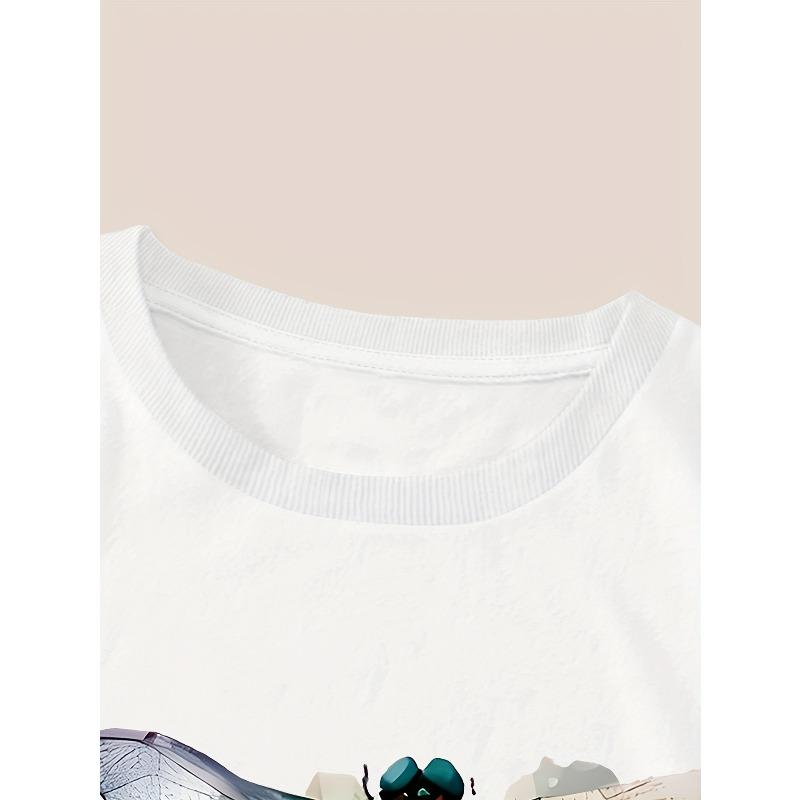 European Size Women's Casual Dragonfly Watercolor Print T-Shirt - Breathable Summer Short Sleeve Round Neck Top,