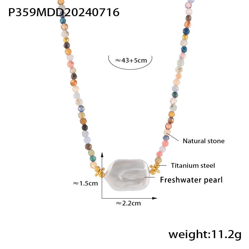 18k Gold-Plated Baroque Necklace with Faceted Stone, Freshwater Pearls & Colorful Beads