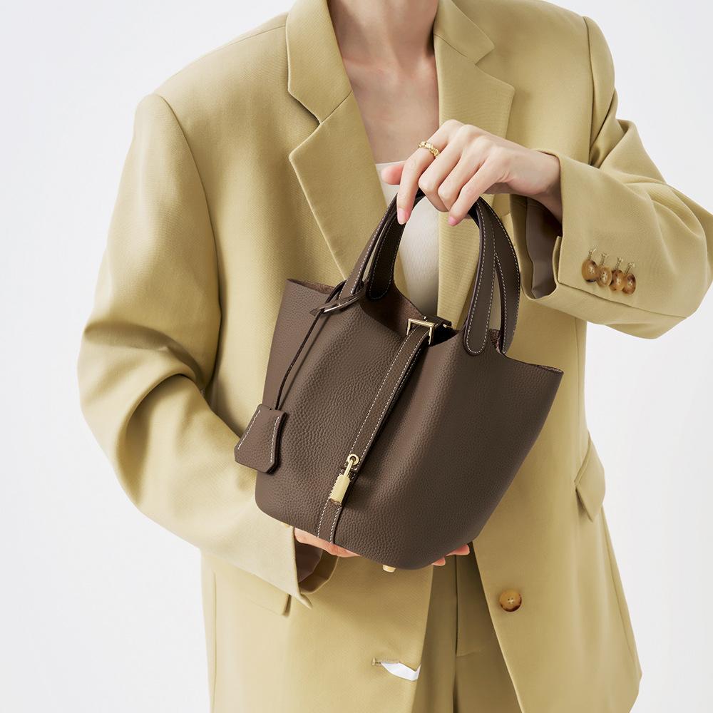 Premium Läder Hinkväska, Stor Kapacitet Axelremsväska, Kvinnors Grönsakskorg Handväska, Mammaväska, Bruds Bröllopsväska