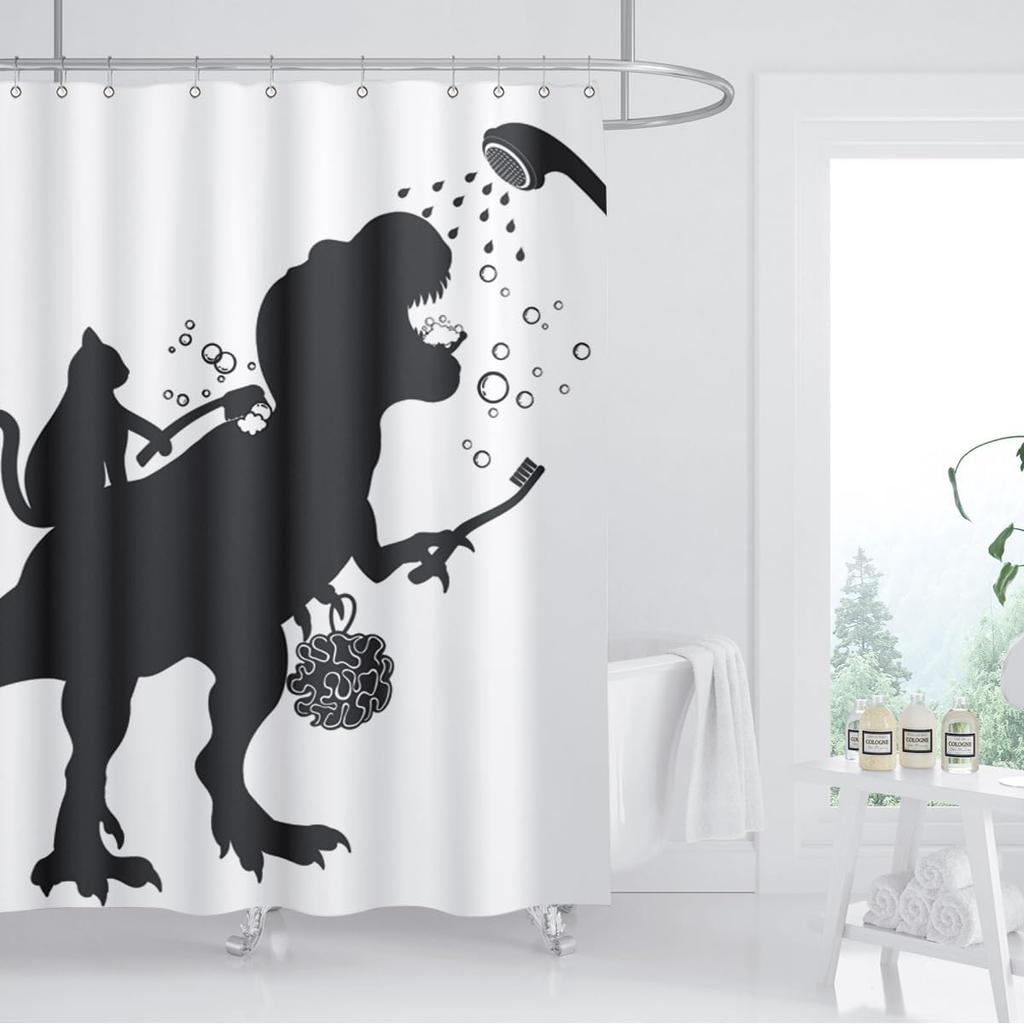 Cat Dinosaur Shower Curtain Funny Cartoon Cat Dino Bathe for Kids Boys Silhouette Shadow Black White Design Artwork Bathroom