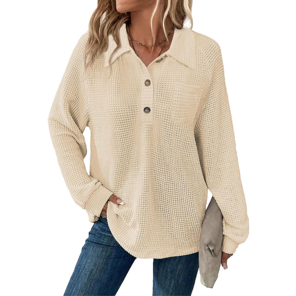 Women's Fashion Long-Sleeve Solid-Color Collared T-Shirt With Button-Up Front And Pocketed Casual Sweatshirt Top