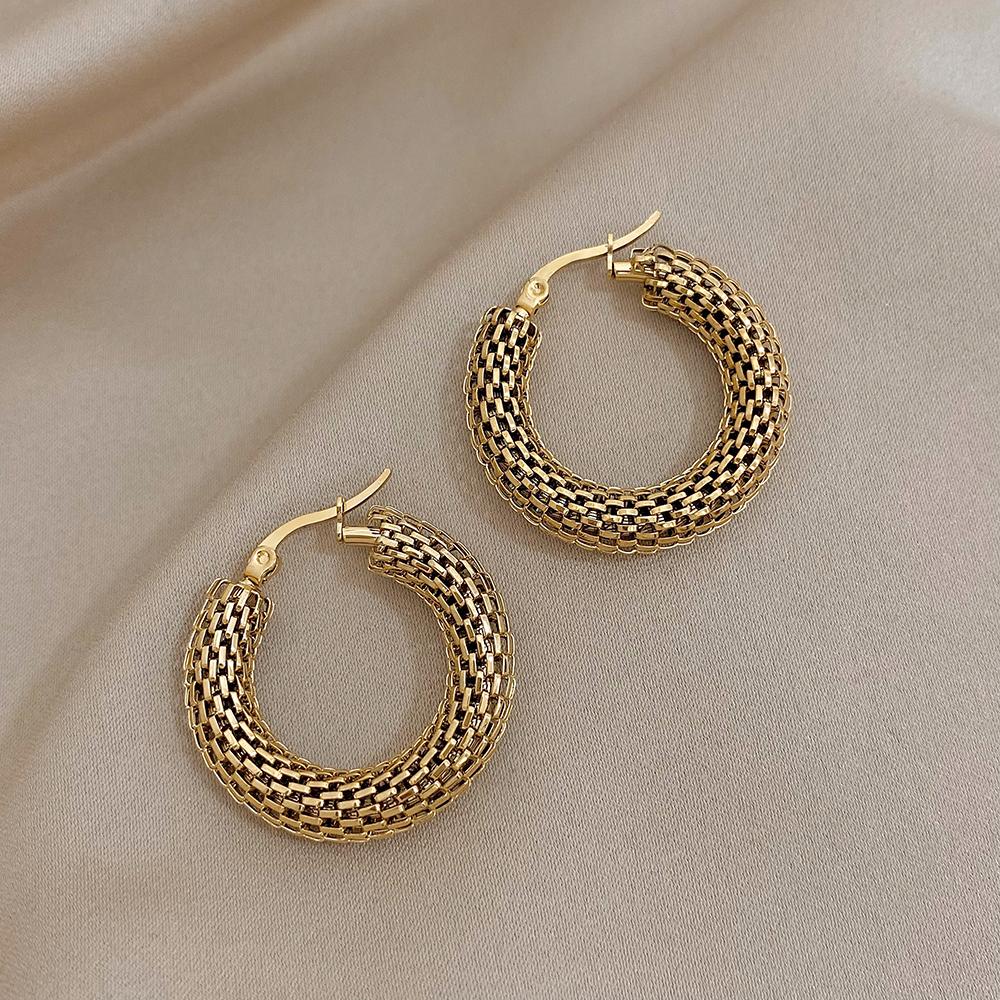 FLASHBUY Stainless Steel Gold Color Geometric Metal Mesh Earrings for Women Girls New Trend Hoop Ear Jewelry Gift