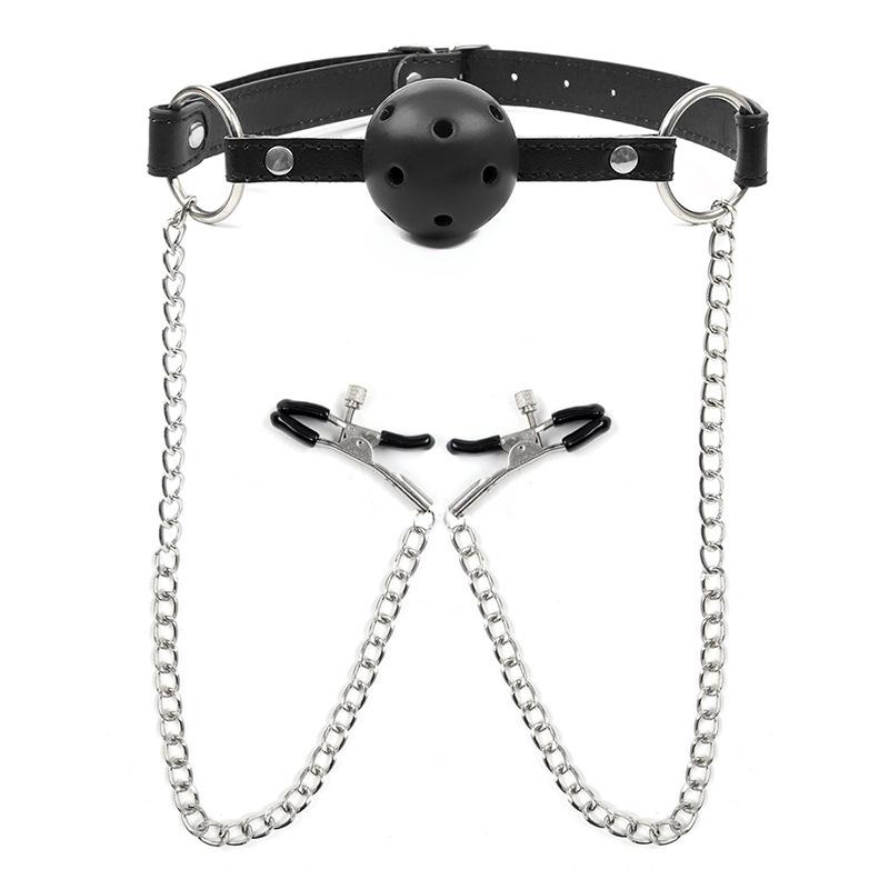 PU Leather Oral Sex Toy with Chain Clip Breast Nipple Clamps Bondage Harness Adult Game - Erotic Toy Mouth Gag Ball
