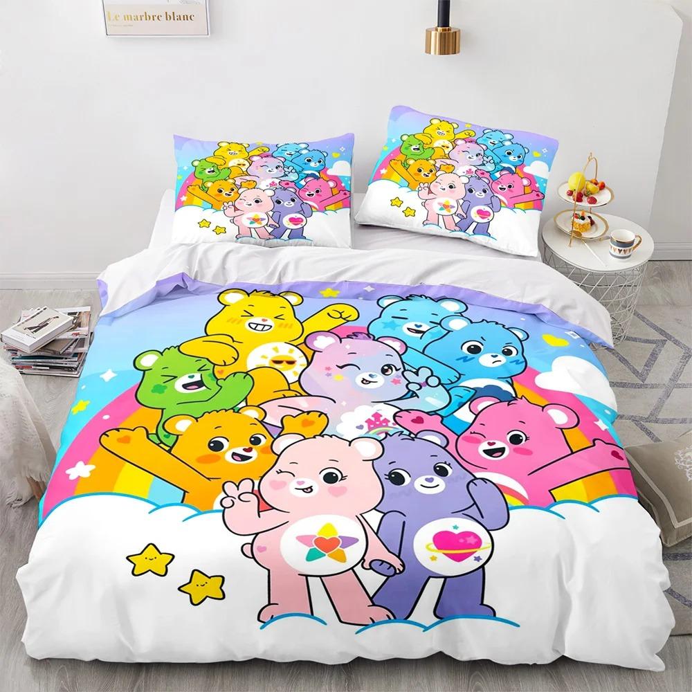 Cartoon Anime Care Bears Bettbezug-Set Kawaii Carebears Bettdeckenbezug Kissenbezug-Set Kinderbettwäsche-Set Dekor Full Queen King Size