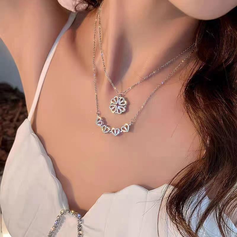 Fashionable women's four-leaf clover necklace with heart shape and full of diamonds; a versatile piece of jewelry that can be wo