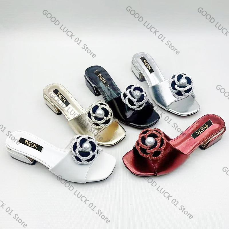 Fashion 2025 European and American New Thick Heel Round Head Flower Cool Slippers Single Shoes Women's