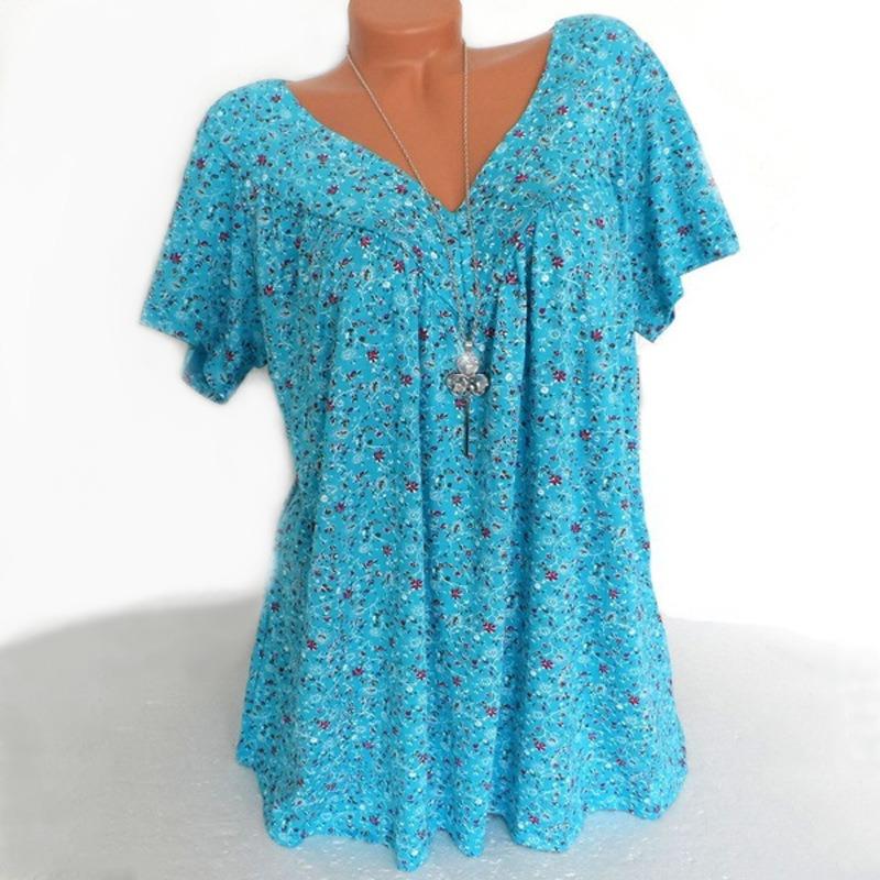 Summer Short Sleeve Floral Printed Loose Women Blouse Plus Size Fashion Elegant Casual Simple Office Shirt Ladies Solid Color Women's Clothing