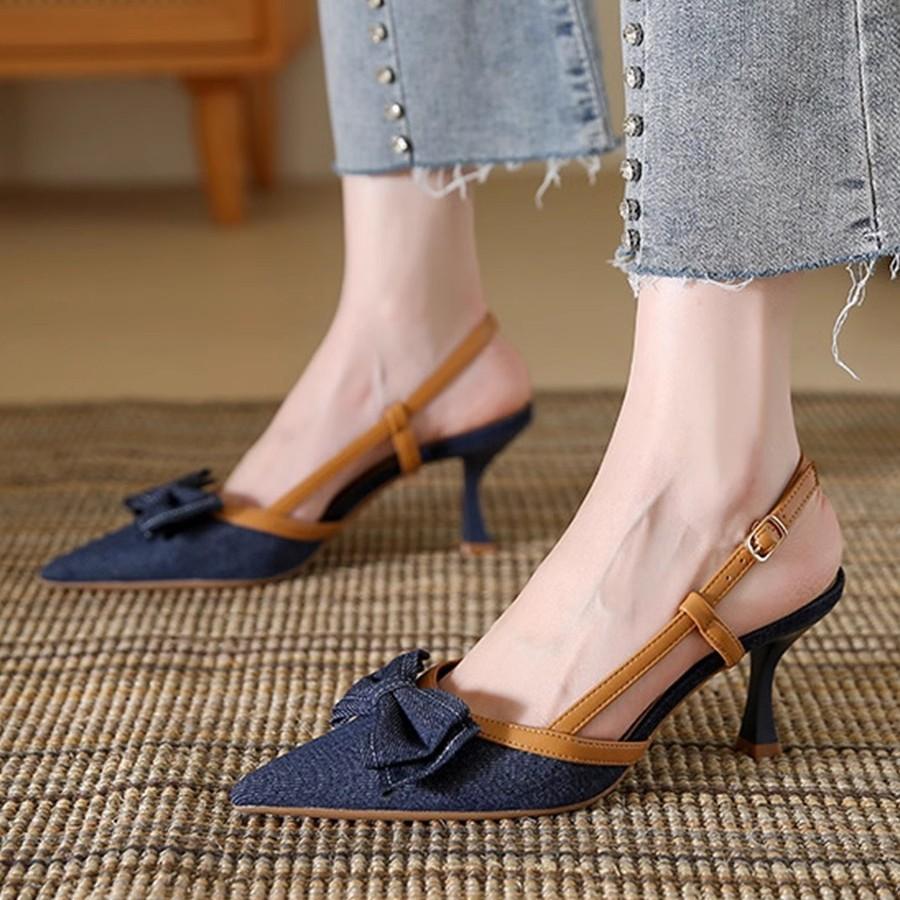 Fashion Sling Women's Shoes Pointed Toe Heels Denim Bow Sandals Women Slingback Dress Party Fashion Heeled Sandals Summer Pumps Slides