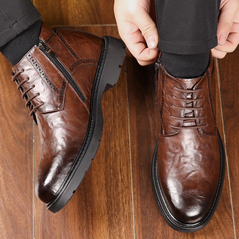 Fashion Men's Leather Shoes Business Lace-up Cotton Shoes Winter High Top Plus Velvet To Keep Warm Seniors Formal Men's Leather Shoes