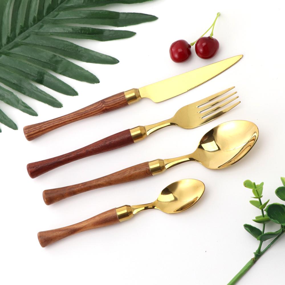 4pcs Western Tableware Set Cutlery Stainless Steel Wood Handle Dinner Fork Dessert Spoon Steak Knife Kitchenware Set